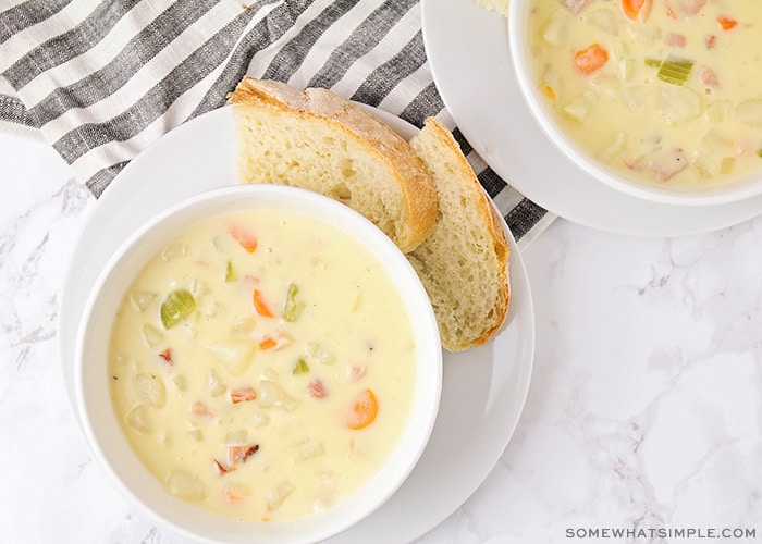 looking down on a bowl of cheesy ham and potato soup