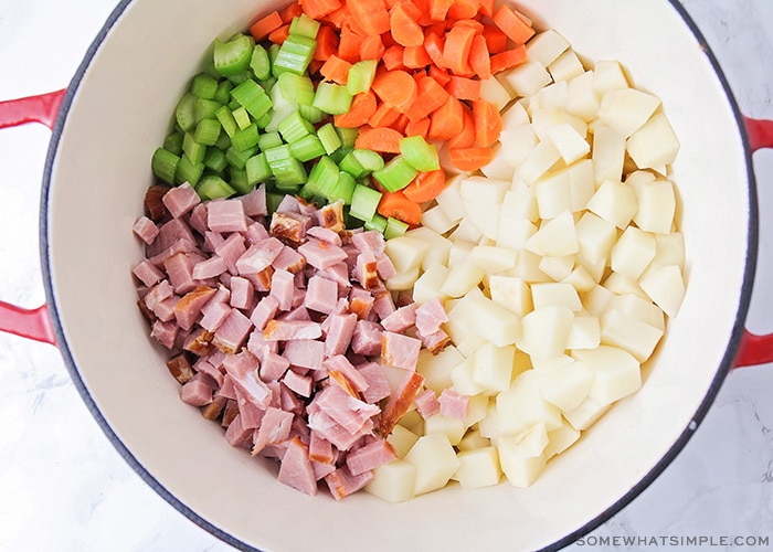 a bowl filled with chopped ham and vegetables