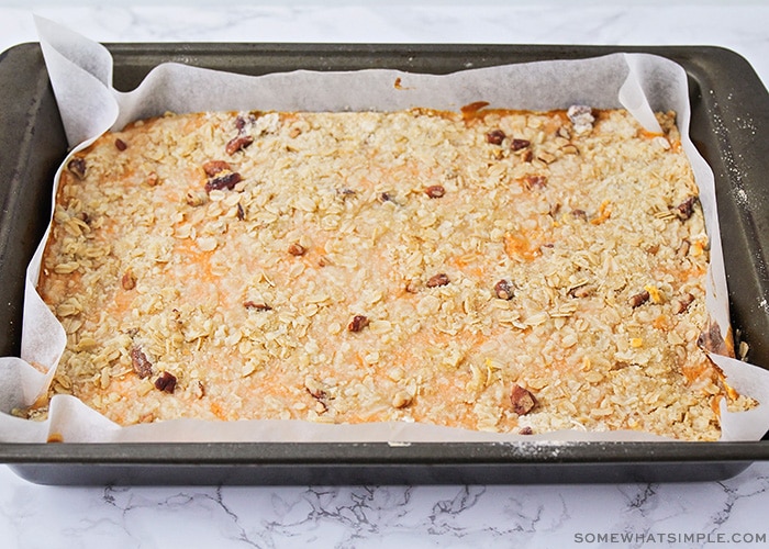 a tray of pumpkin pie bars before going in the oven