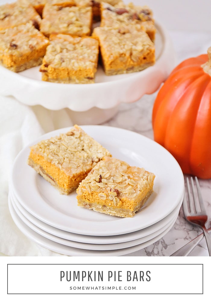 The perfect marriage of a pecan and pumpkin pie, these easy Pumpkin Pie Bars are a deliciously fun way to feed a crowd. They're quick and easy to make and are the perfect fall dessert. #pumpkinpiebars #pumpkinpiebarsrecipe #easypumpkinpiebars #howtomakepumpkinbars #pumpkinbarswithcreamcheese via @somewhatsimple