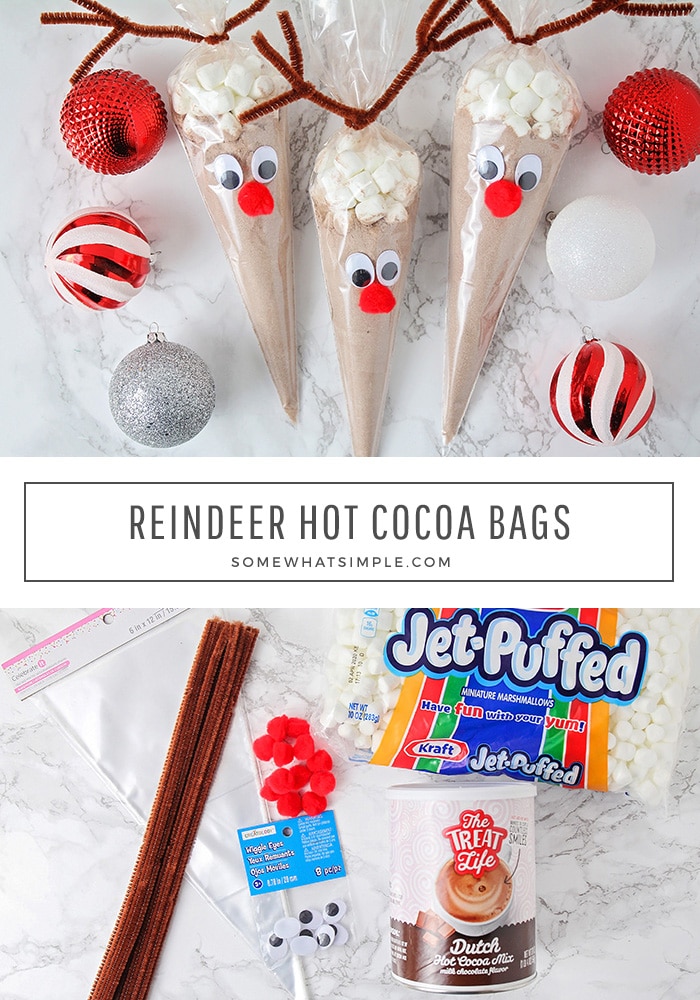 Reindeer hot chocolate bags are an easy and fun gift idea for this Holiday season.  Using just a few simple items, you can quickly make these adorable reindeer cocoa gifts for everyone on your list. This easy DIY Christmas gift idea is perfect for your neighbors or coworkers. via @somewhatsimple