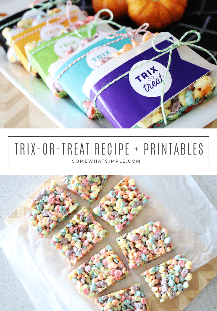 Halloween Trix or Treat Rice Krispies are simple and sweet, and our FREE printable gift tags add a festive Halloween touch! #trix #ricekrispies #halloween #treats #printables via @somewhatsimple