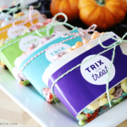 Trix oTrix rice krispies treats wrapped in gift tags that say trix or treatr Treat Rice Krispie Treats wrapped in colorful wrappers with a gift tag