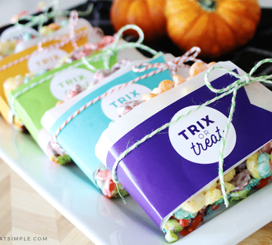 Trix oTrix rice krispies treats wrapped in gift tags that say trix or treatr Treat Rice Krispie Treats wrapped in colorful wrappers with a gift tag