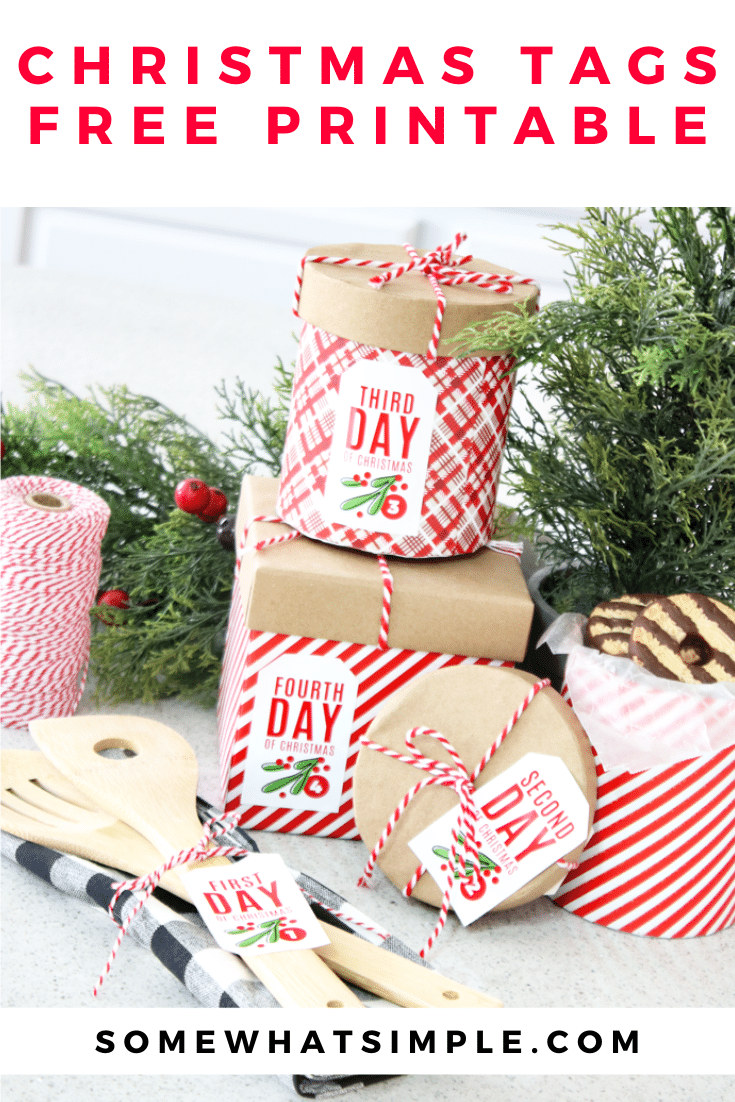 Countdown to Christmas by playing Secret Santa to your neighbors, co-workers and friends! Whether you're giving baked goods, small gifts, or a partridge in a pear tree, these 12 days of Christmas tags are a great way to tie everything together!  Download your free copy of these adorable printable gift tags today! via @somewhatsimple