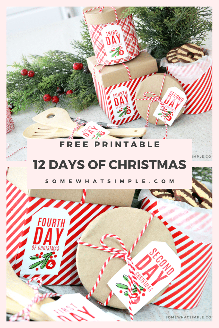 Countdown to Christmas by playing Secret Santa to your neighbors, co-workers and friends! Whether you're giving baked goods, small gifts, or a partridge in a pear tree, these 12 days of Christmas tags are a great way to tie everything together!  Download your free copy of these adorable printable gift tags today! via @somewhatsimple