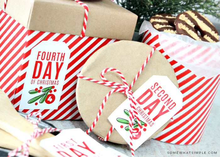 wrapped gifts with printable tags