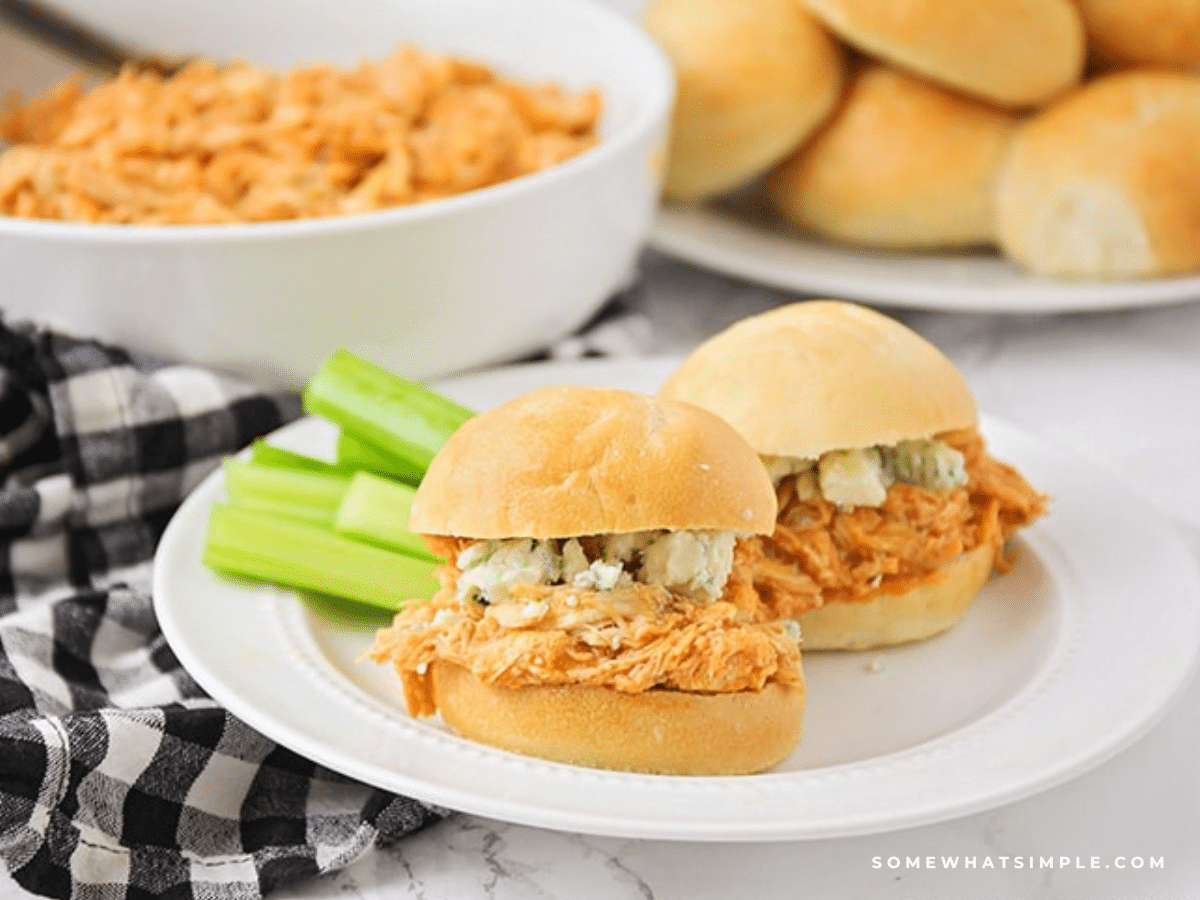 2 Buffalo Chicken Sliders on a white plate