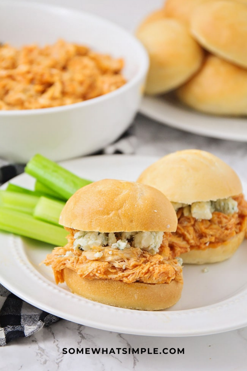 close up of 2 Buffalo Chicken Sliders with celery