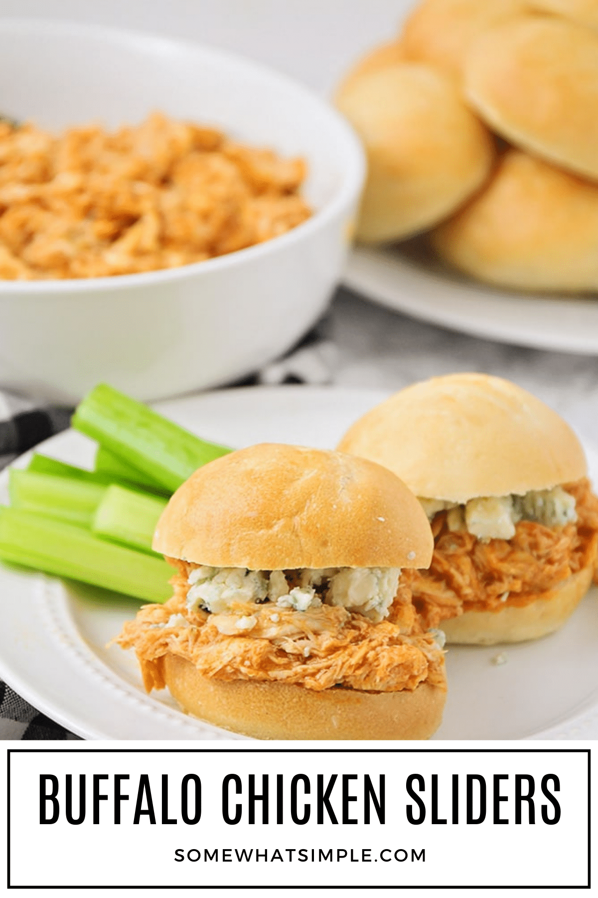 Crock Pot Buffalo Chicken Sliders are deliciously soft and full of flavor! They make a simple week night meal for your family, but are also perfect for entertaining a crowd! #crockpotbuffalochickensliders #slowcookerbuffalowchickenslidersrecipe #buffalochickensliders #easybuffalochickensliders #howtomakebuffalochickenslidersinacrockpot via @somewhatsimple