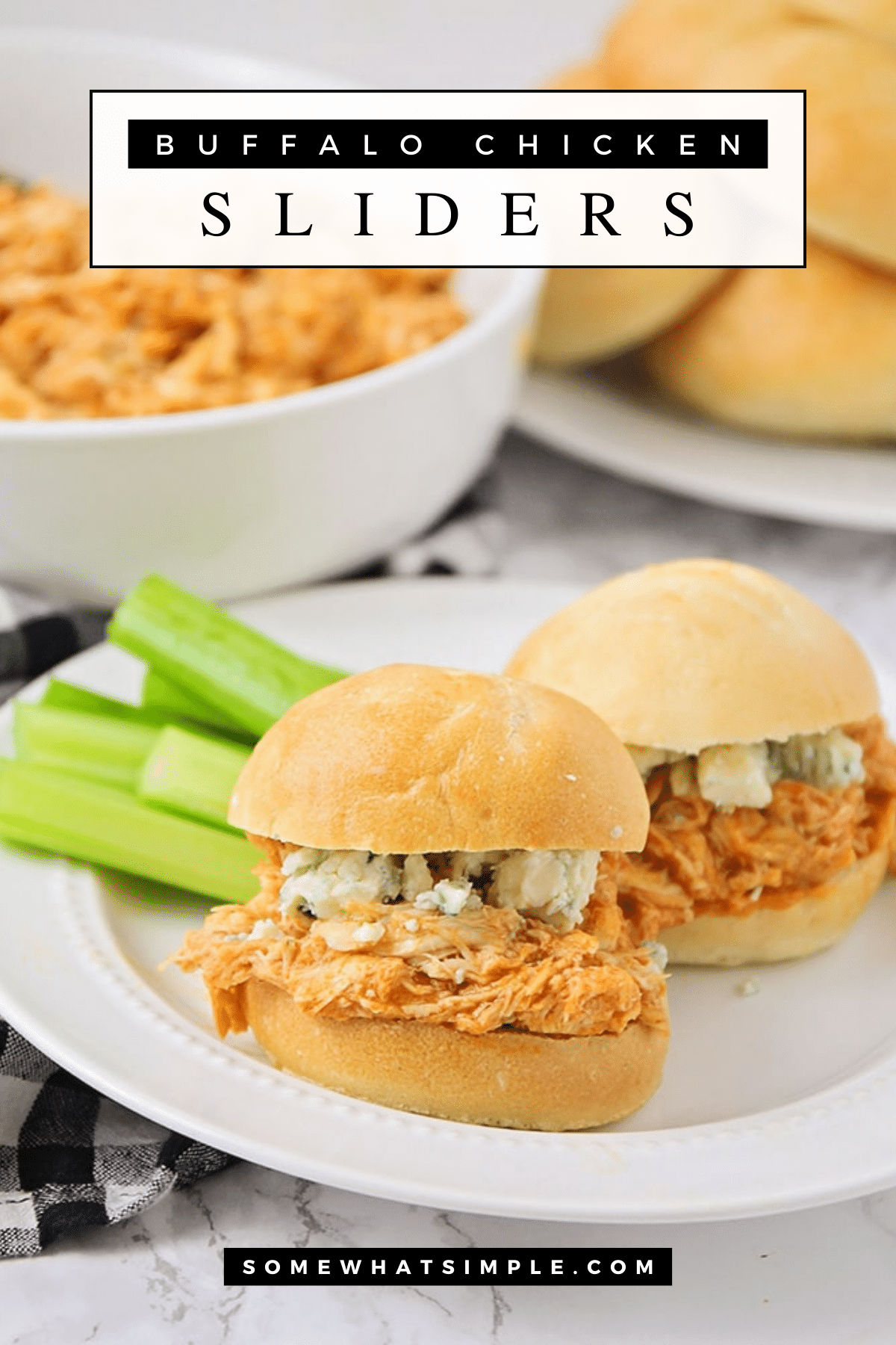 Crock Pot Buffalo Chicken Sliders are deliciously soft and full of flavor! They make a simple week night meal for your family, but are also perfect for entertaining a crowd! #crockpotbuffalochickensliders #slowcookerbuffalowchickenslidersrecipe #buffalochickensliders #easybuffalochickensliders #howtomakebuffalochickenslidersinacrockpot via @somewhatsimple