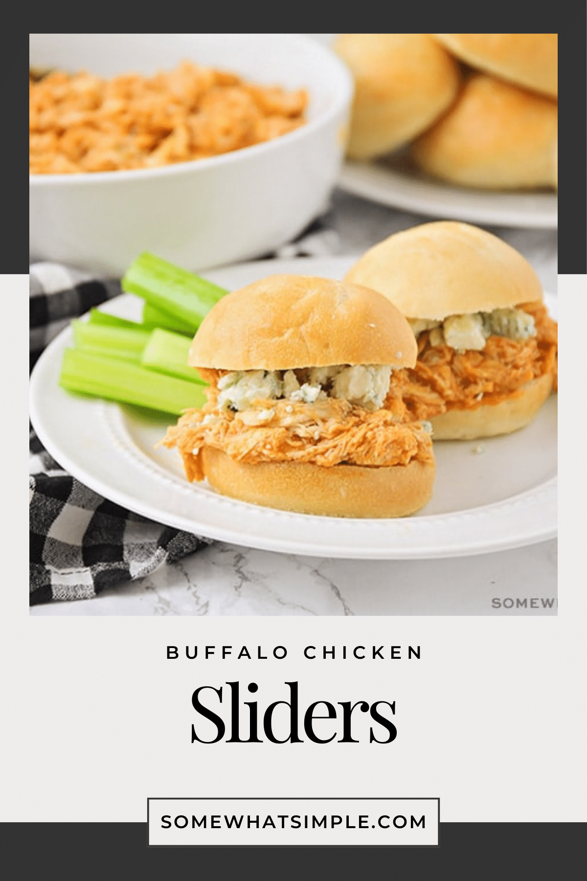 Crock Pot Buffalo Chicken Sliders are deliciously soft and full of flavor! They make a simple week night meal for your family, but are also perfect for entertaining a crowd! #crockpotbuffalochickensliders #slowcookerbuffalowchickenslidersrecipe #buffalochickensliders #easybuffalochickensliders #howtomakebuffalochickenslidersinacrockpot via @somewhatsimple