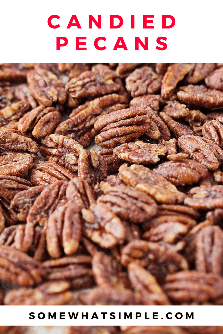 These delicious candied pecans have a sweet crunch and a touch of cinnamon. Covered in a brown sugar and cinnamon mixture, they're perfect for holiday gifts or party snacks! The recipe is super easy to make and perfect to enjoy throughout the holiday season. via @somewhatsimple