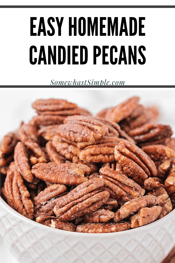 These delicious candied pecans have a sweet crunch and a touch of cinnamon. Covered in a brown sugar and cinnamon mixture, they're perfect for holiday gifts or party snacks! The recipe is super easy to make and perfect to enjoy throughout the holiday season. via @somewhatsimple