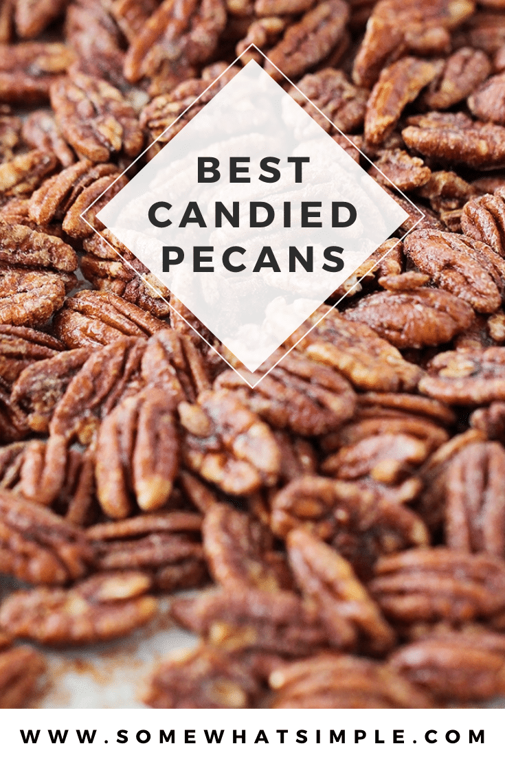 These delicious candied pecans have a sweet crunch and a touch of cinnamon. Covered in a brown sugar and cinnamon mixture, they're perfect for holiday gifts or party snacks! The recipe is super easy to make and perfect to enjoy throughout the holiday season. via @somewhatsimple