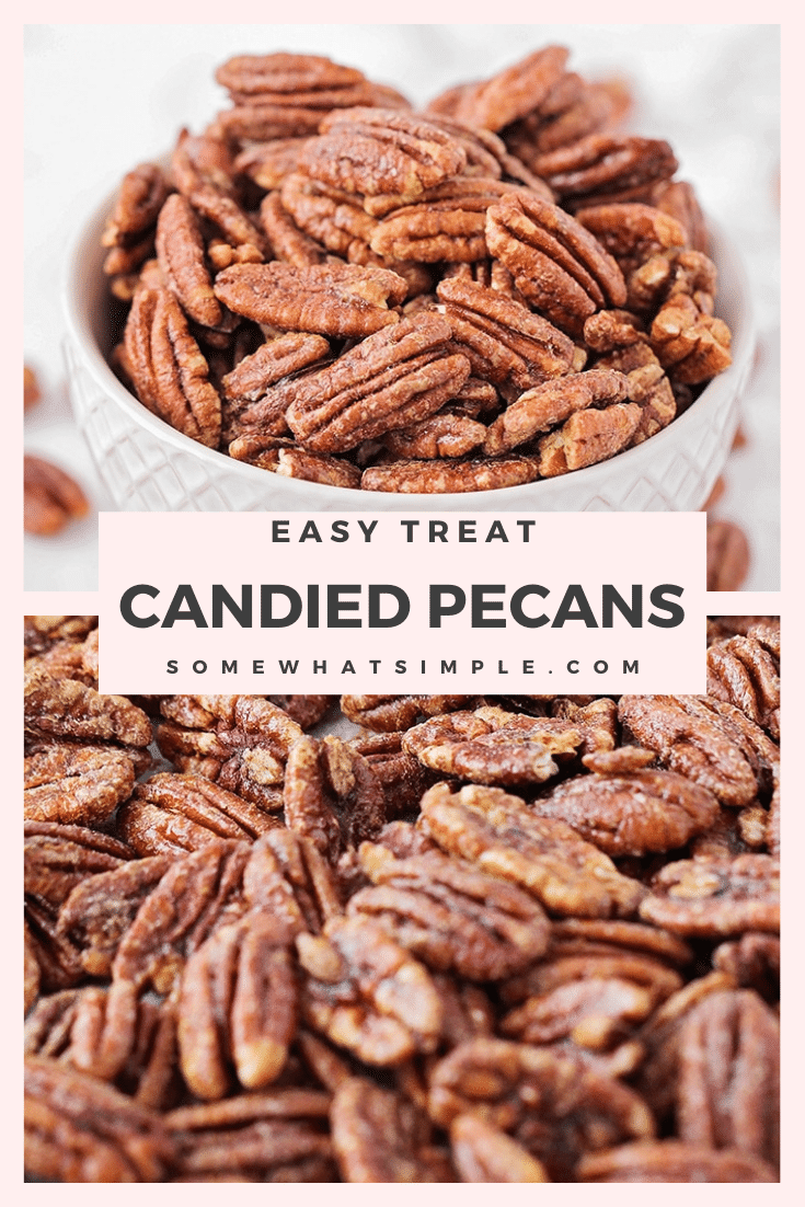 These delicious candied pecans have a sweet crunch and a touch of cinnamon. Covered in a brown sugar and cinnamon mixture, they're perfect for holiday gifts or party snacks! The recipe is super easy to make and perfect to enjoy throughout the holiday season. via @somewhatsimple