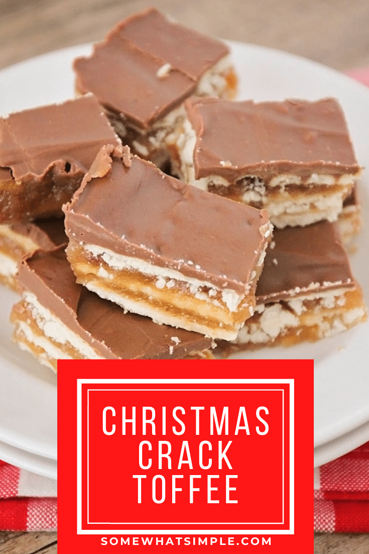 Christmas crack toffee is a simple recipe that is one of my family's favorite Christmas treats! Made with club crackers, brown sugar and chocolate, this salty sweet dessert is addictingly delicious! These easy toffee recipe will quickly become your favorite toffee recipe this holiday season. via @somewhatsimple