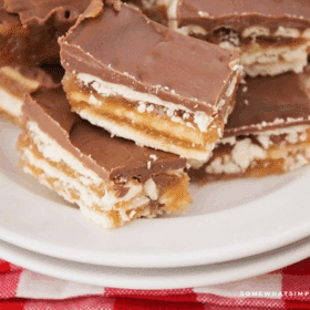 plated Christmas Crack on a red and white tablecloth