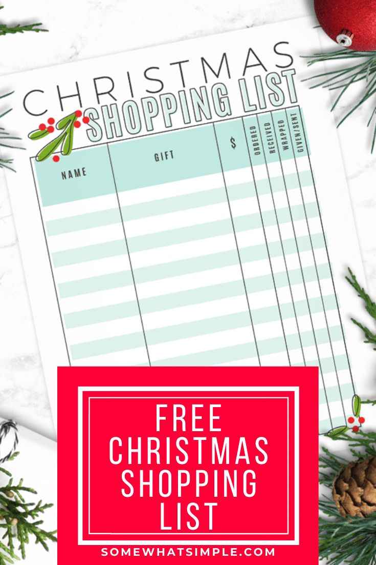 Get ready for the holidays with our free Christmas shopping list printable.  Now you can easily keep track of which gifts you've purchased, which ones you need to wrap and which ones you still need to buy. Download your copy of this FREE printable today! via @somewhatsimple