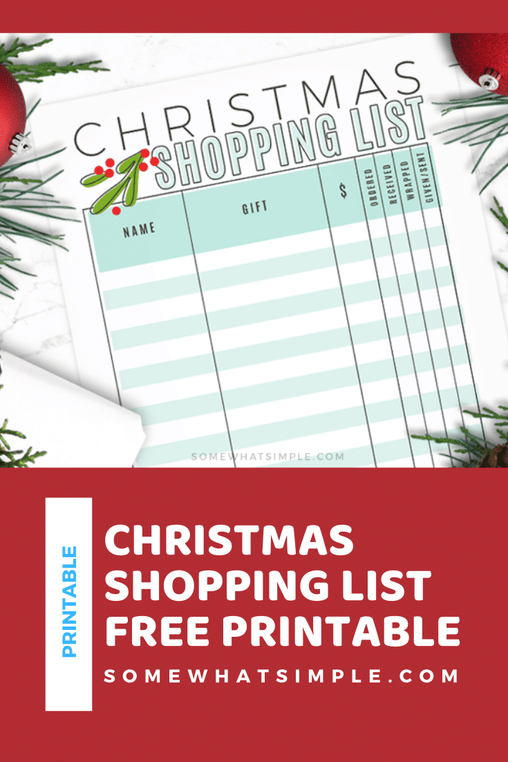 Get ready for the holidays with our free Christmas shopping list printable.  Now you can easily keep track of which gifts you've purchased, which ones you need to wrap and which ones you still need to buy. Download your copy of this FREE printable today! via @somewhatsimple