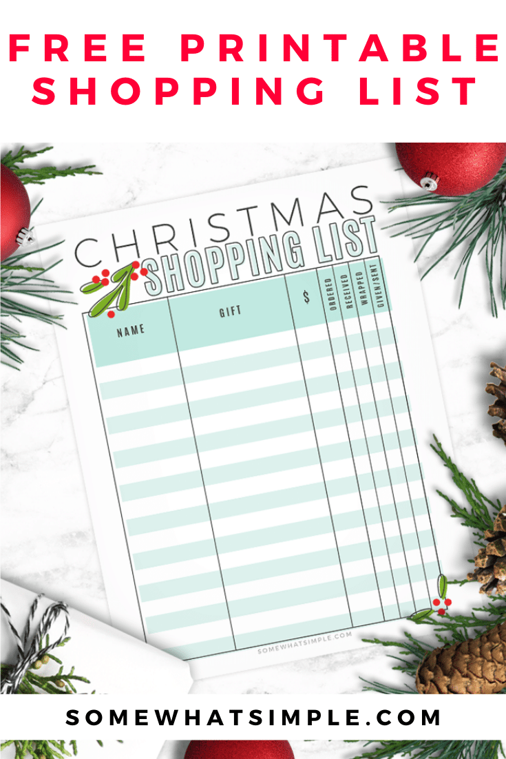 Get ready for the holidays with our free Christmas shopping list printable.  Now you can easily keep track of which gifts you've purchased, which ones you need to wrap and which ones you still need to buy. Download your copy of this FREE printable today! via @somewhatsimple