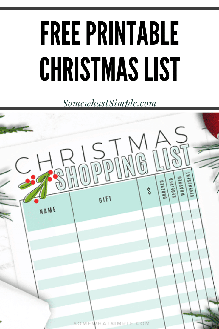 Get ready for the holidays with our free Christmas shopping list printable.  Now you can easily keep track of which gifts you've purchased, which ones you need to wrap and which ones you still need to buy. Download your copy of this FREE printable today! via @somewhatsimple