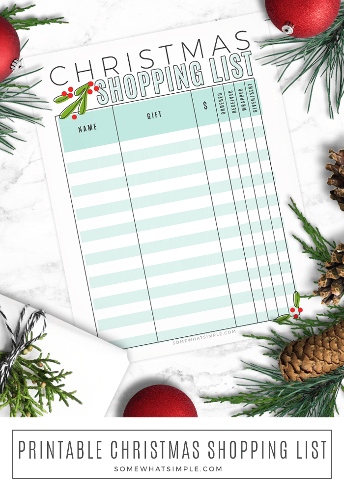 Get ready for the holidays with our free Christmas shopping list printable.  Now you can easily keep track of which gifts you've purchased, which ones you need to wrap and which ones you still need to buy. Download your copy of this FREE printable today! via @somewhatsimple