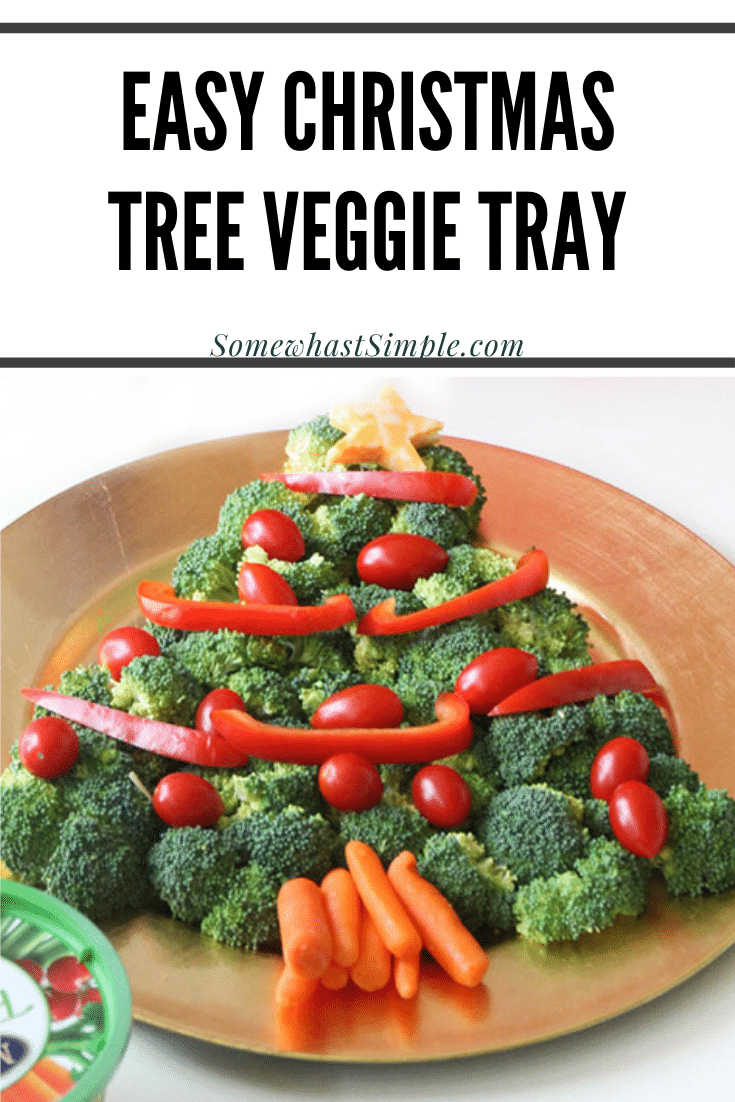 This Christmas tree veggie tray is simple and easy to make. The kids will love helping you arrange the veggies on the tray to make a fun Christmas tree shape that's perfect for the holidays. This veggie tray idea is simple and festive and makes the perfect holiday appetizer. via @somewhatsimple