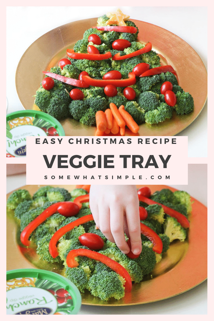 This Christmas tree veggie tray is simple and easy to make. The kids will love helping you arrange the veggies on the tray to make a fun Christmas tree shape that's perfect for the holidays. This veggie tray idea is simple and festive and makes the perfect holiday appetizer. via @somewhatsimple