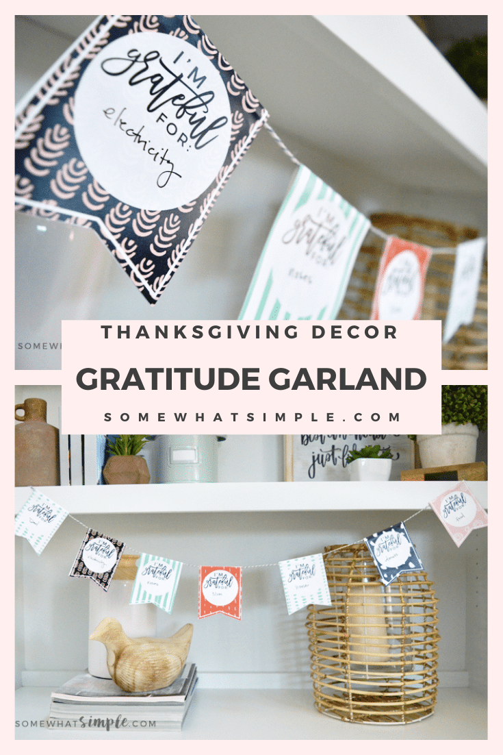 This FREE printable Gratitude Garland craft is so simple and perfect for kids of all ages! Plus, it's such a beautiful way to display all the things you're grateful for! The fun Thanksgiving DIY decor idea is a fun way to decorate for Thanksgiving. via @somewhatsimple