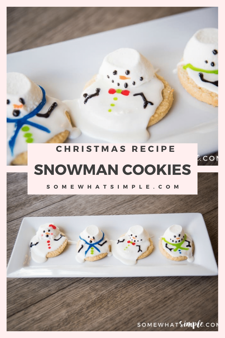 These melted snowman cookies are an easy winter treat your kids, coworkers, or party guests will LOVE!  These are some of my favorite cookies to make during the Christmas season. Made with sugar cookies and decorated to look like snowmen melting in the sun, these cookies will be a hit all winter long. via @somewhatsimple