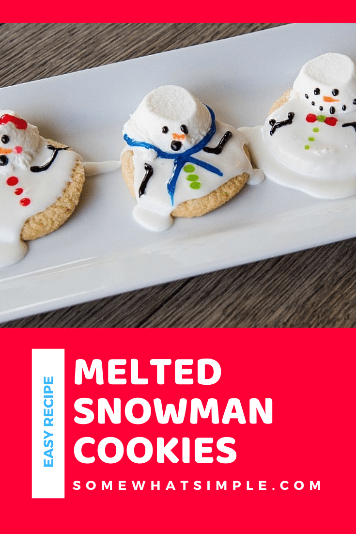 These melted snowman cookies are an easy winter treat your kids, coworkers, or party guests will LOVE!  These are some of my favorite cookies to make during the Christmas season. Made with sugar cookies and decorated to look like snowmen melting in the sun, these cookies will be a hit all winter long. via @somewhatsimple