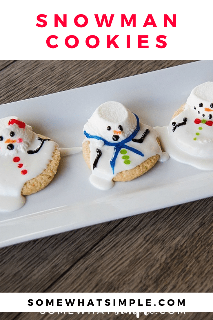 These melted snowman cookies are an easy winter treat your kids, coworkers, or party guests will LOVE!  These are some of my favorite cookies to make during the Christmas season. Made with sugar cookies and decorated to look like snowmen melting in the sun, these cookies will be a hit all winter long. via @somewhatsimple