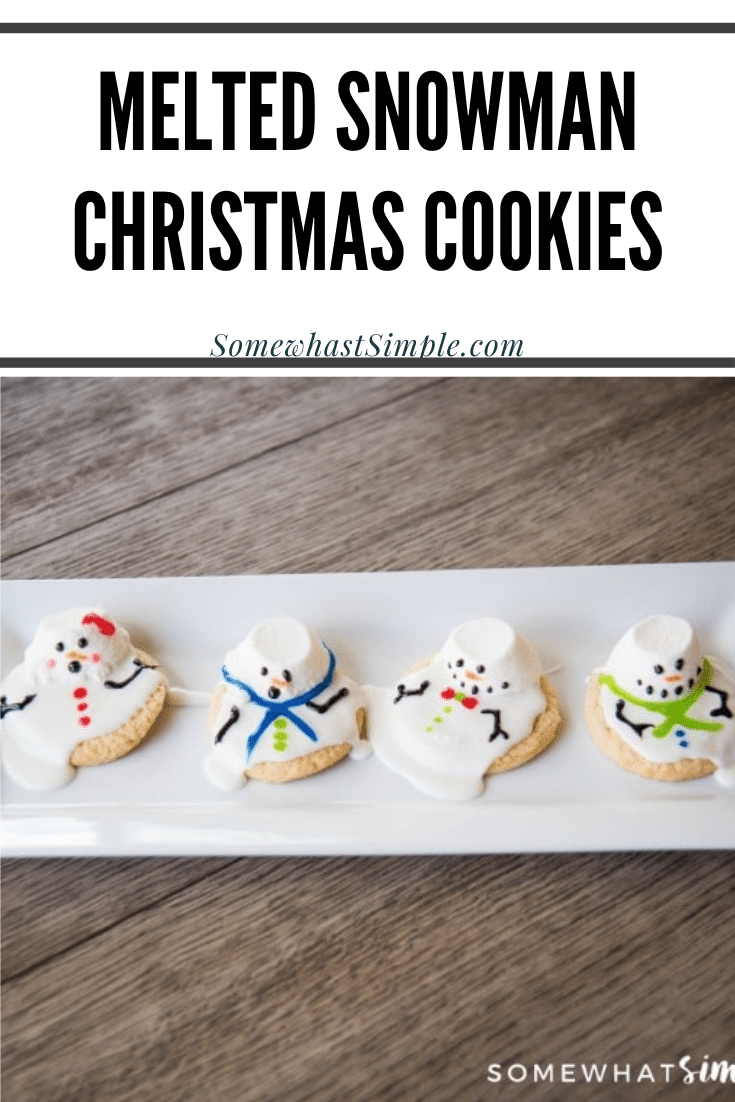 These melted snowman cookies are an easy winter treat your kids, coworkers, or party guests will LOVE!  These are some of my favorite cookies to make during the Christmas season. Made with sugar cookies and decorated to look like snowmen melting in the sun, these cookies will be a hit all winter long. via @somewhatsimple