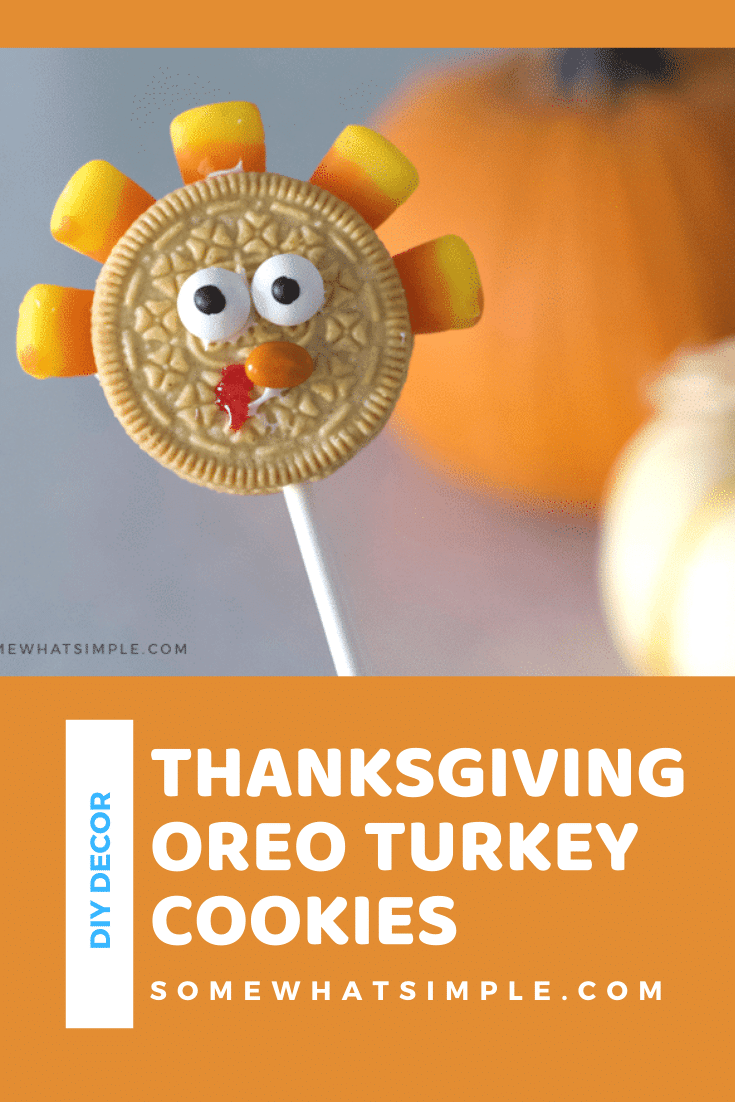These Oreo cookie pops are the cutest Thanksgiving treat ever!  They're made using just a few easy ingredients they can be assembled in minutes.  Grab a golden Oreo cookie and some candy corns and let's get started. This fun cookie idea is perfect for everyone! via @somewhatsimple