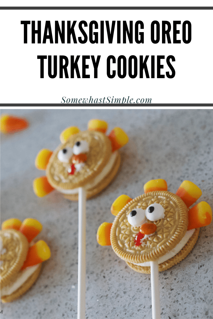 These Oreo cookie pops are the cutest Thanksgiving treat ever!  They're made using just a few easy ingredients they can be assembled in minutes.  Grab a golden Oreo cookie and some candy corns and let's get started. This fun cookie idea is perfect for everyone! via @somewhatsimple