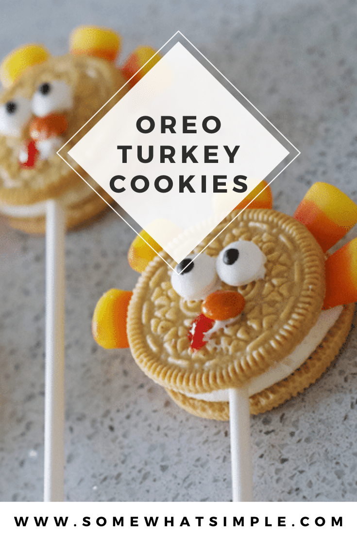 These Oreo cookie pops are the cutest Thanksgiving treat ever!  They're made using just a few easy ingredients they can be assembled in minutes.  Grab a golden Oreo cookie and some candy corns and let's get started. This fun cookie idea is perfect for everyone! via @somewhatsimple