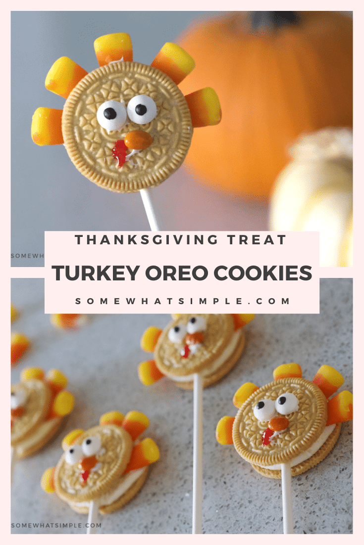 These Oreo cookie pops are the cutest Thanksgiving treat ever!  They're made using just a few easy ingredients they can be assembled in minutes.  Grab a golden Oreo cookie and some candy corns and let's get started. This fun cookie idea is perfect for everyone! via @somewhatsimple