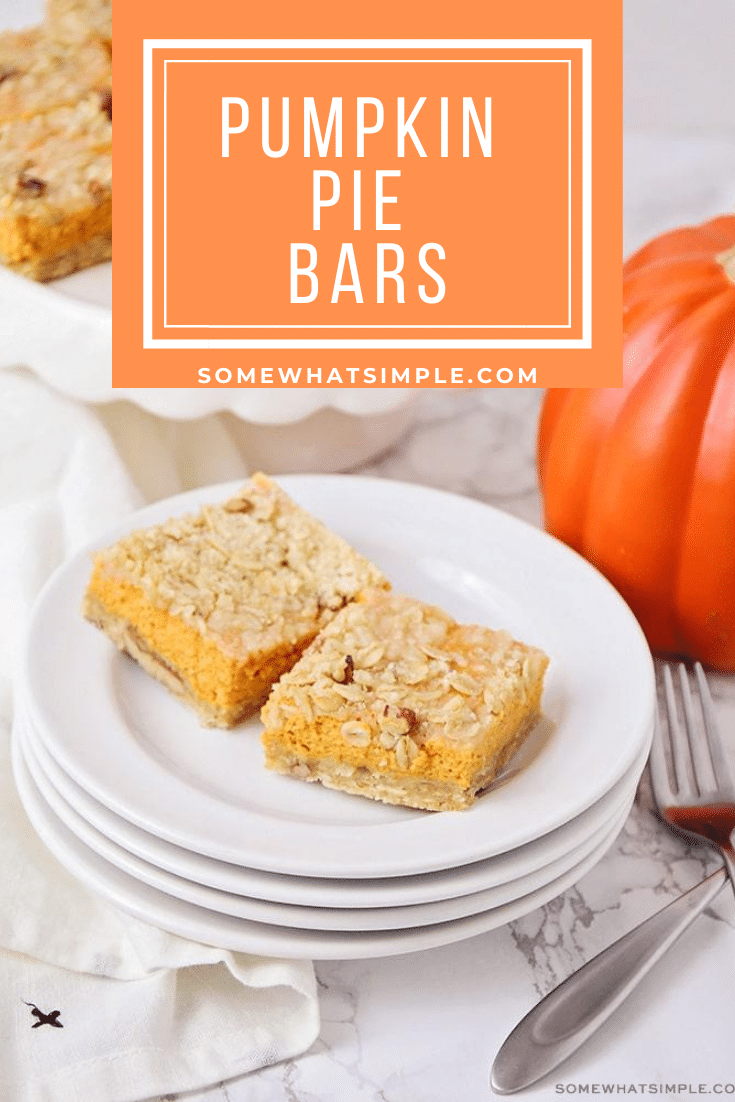 The perfect marriage of a pecan and pumpkin pie, these easy Pumpkin Pie Bars are a deliciously fun way to feed a crowd. They're quick and easy to make and are the perfect fall dessert. #pumpkinpiebars #pumpkinpiebarsrecipe #easypumpkinpiebars #howtomakepumpkinbars #pumpkinbarswithcreamcheese via @somewhatsimple