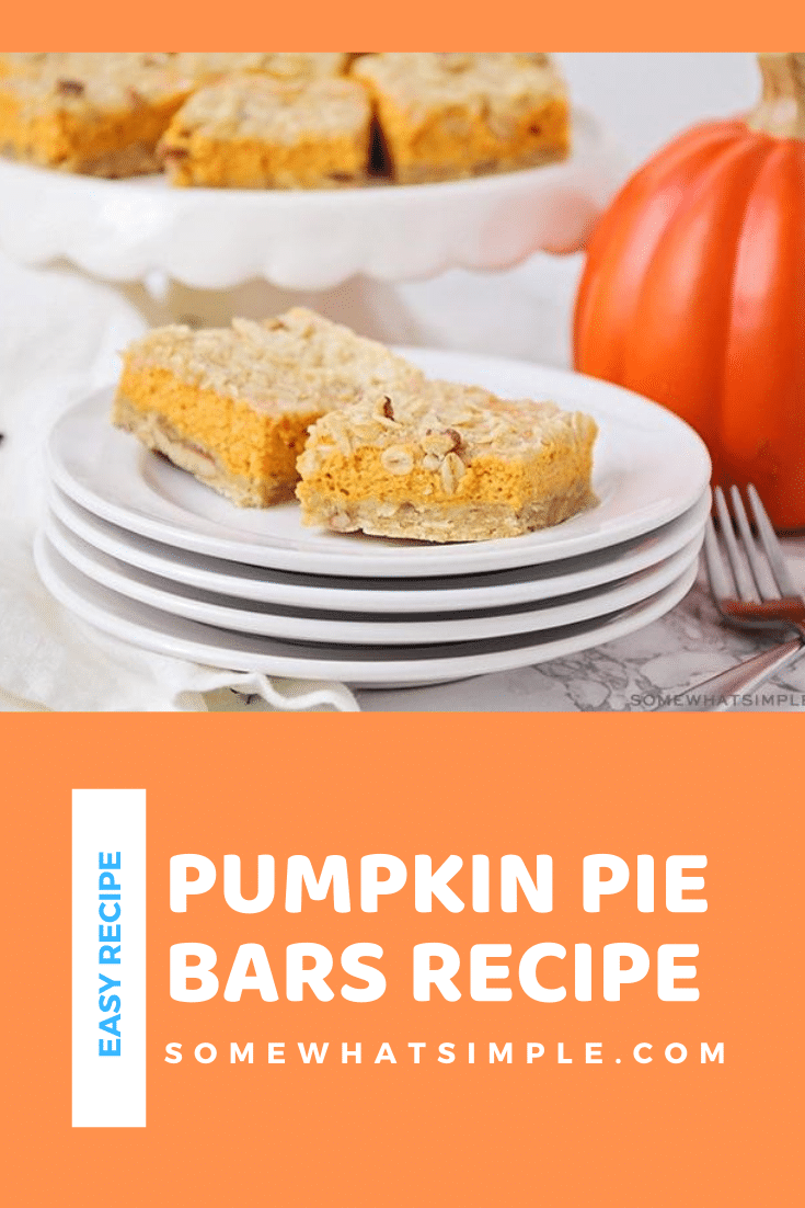 The perfect marriage of a pecan and pumpkin pie, these easy Pumpkin Pie Bars are a deliciously fun way to feed a crowd. They're quick and easy to make and are the perfect fall dessert. #pumpkinpiebars #pumpkinpiebarsrecipe #easypumpkinpiebars #howtomakepumpkinbars #pumpkinbarswithcreamcheese via @somewhatsimple