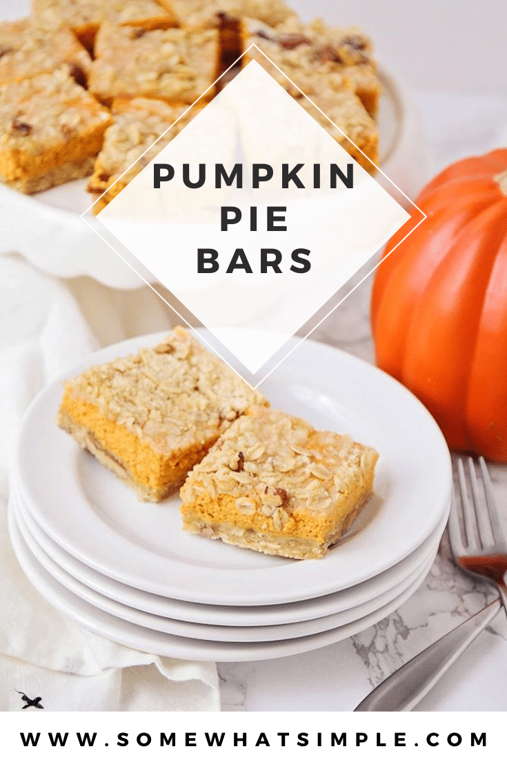 The perfect marriage of a pecan and pumpkin pie, these easy Pumpkin Pie Bars are a deliciously fun way to feed a crowd. They're quick and easy to make and are the perfect fall dessert. #pumpkinpiebars #pumpkinpiebarsrecipe #easypumpkinpiebars #howtomakepumpkinbars #pumpkinbarswithcreamcheese via @somewhatsimple