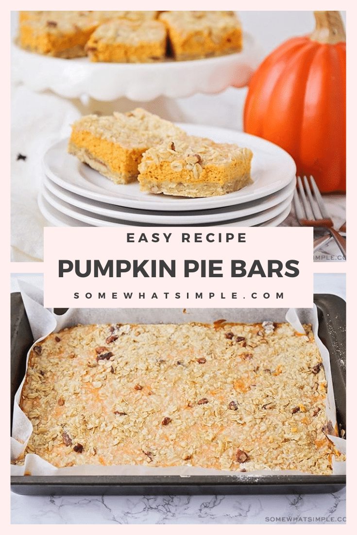 The perfect marriage of a pecan and pumpkin pie, these easy Pumpkin Pie Bars are a deliciously fun way to feed a crowd. They're quick and easy to make and are the perfect fall dessert. #pumpkinpiebars #pumpkinpiebarsrecipe #easypumpkinpiebars #howtomakepumpkinbars #pumpkinbarswithcreamcheese via @somewhatsimple