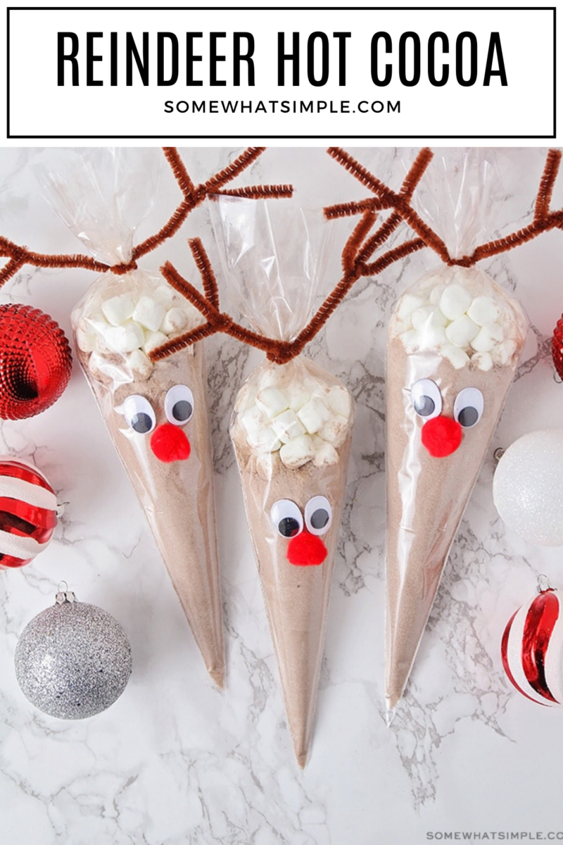 long image of reindeer hot cocoa bags with a title for pinterest
