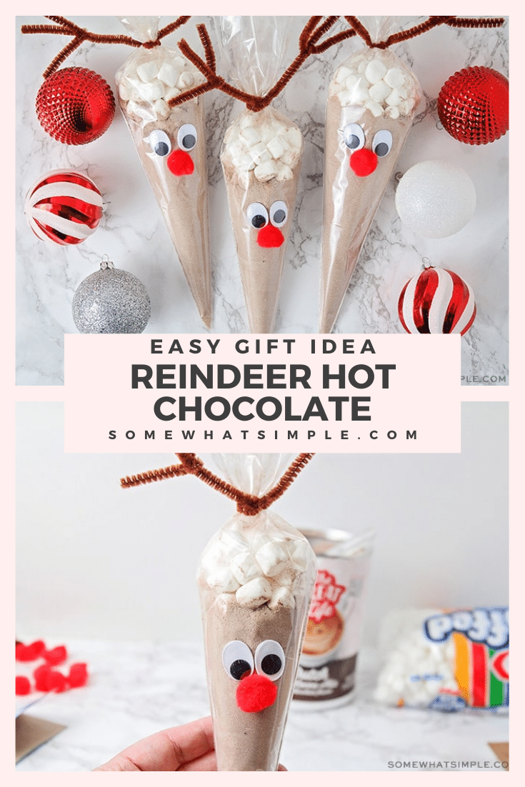 Reindeer hot chocolate bags are an easy and fun gift idea for this Holiday season.  Using just a few simple items, you can quickly make these adorable reindeer cocoa gifts for everyone on your list. This easy DIY Christmas gift idea is perfect for your neighbors or coworkers. via @somewhatsimple