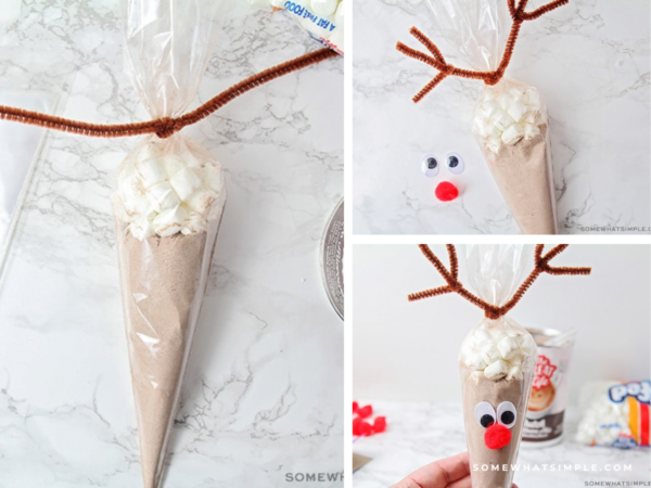 collage of images showing how to make reindeer hot cocoa bags