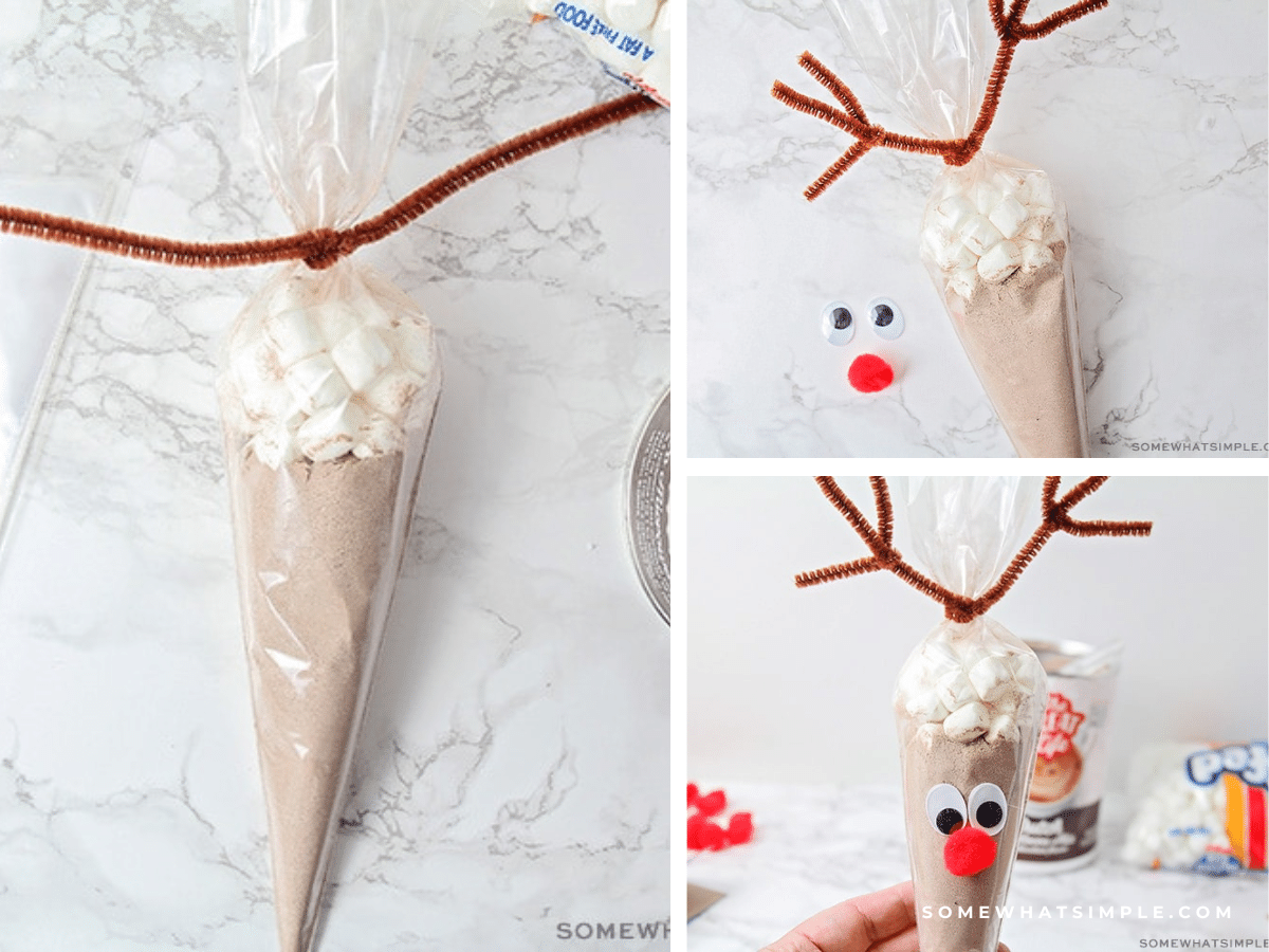 collage of images showing how to make reindeer hot cocoa bags