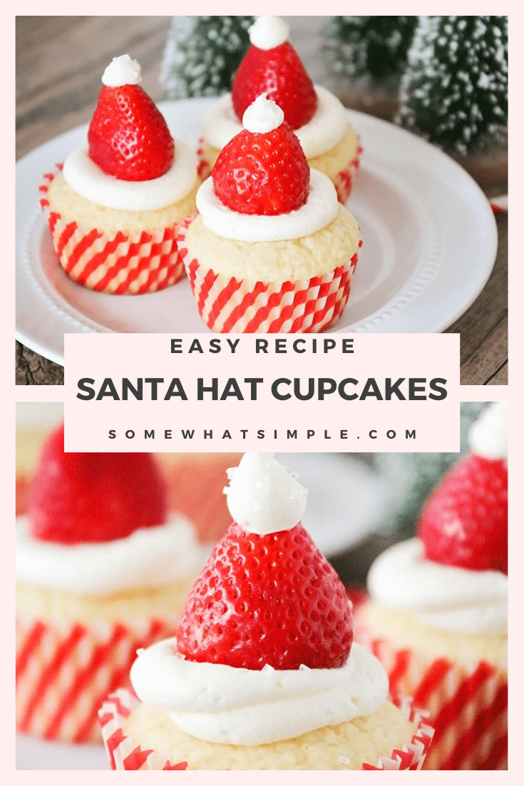 Santa hat cupcakes are a fun and festive dessert to serve during the Christmas holidays.  Topped with a fresh strawberry and homemade frosting, you won't be able to just eat one of these cupcakes. These are the perfect festive dessert idea to serve at your next Christmas party. via @somewhatsimple