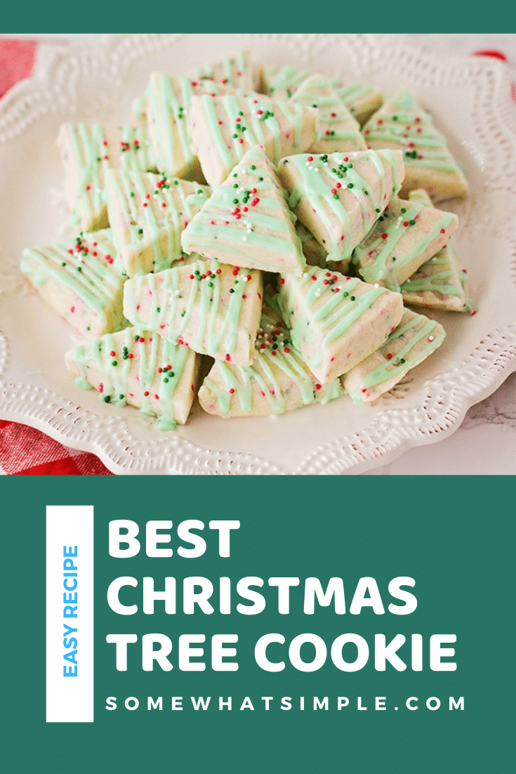 Shortbread Cookies are sweet and buttery and melt in your mouth! These Shortbread Christmas Cookies are easy to make and only require a few simple ingredients! Decorated to look like Christmas trees, this delicious cookies are simple and easy to make during the holiday season. They're perfect to share at your Christmas party with friends and neighbors. via @somewhatsimple