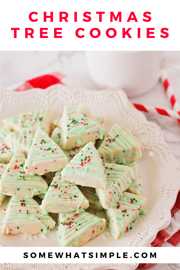 Shortbread Cookies are sweet and buttery and melt in your mouth! These Shortbread Christmas Cookies are easy to make and only require a few simple ingredients! Decorated to look like Christmas trees, this delicious cookies are simple and easy to make during the holiday season. They're perfect to share at your Christmas party with friends and neighbors. via @somewhatsimple