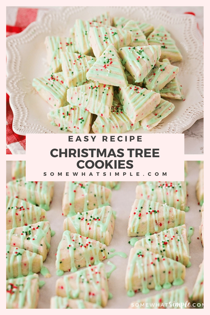 Shortbread Cookies are sweet and buttery and melt in your mouth! These Shortbread Christmas Cookies are easy to make and only require a few simple ingredients! Decorated to look like Christmas trees, this delicious cookies are simple and easy to make during the holiday season. They're perfect to share at your Christmas party with friends and neighbors. via @somewhatsimple